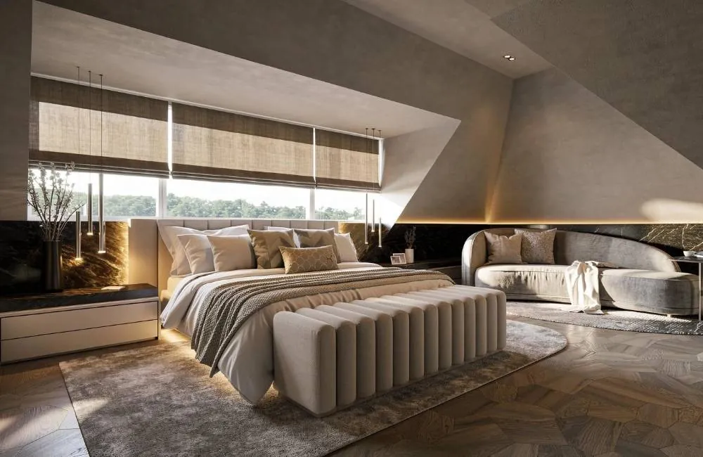 Slaapkamer met gestoffeerd bed, warme verlichting en maatwerk ontworpen door Insidesigns